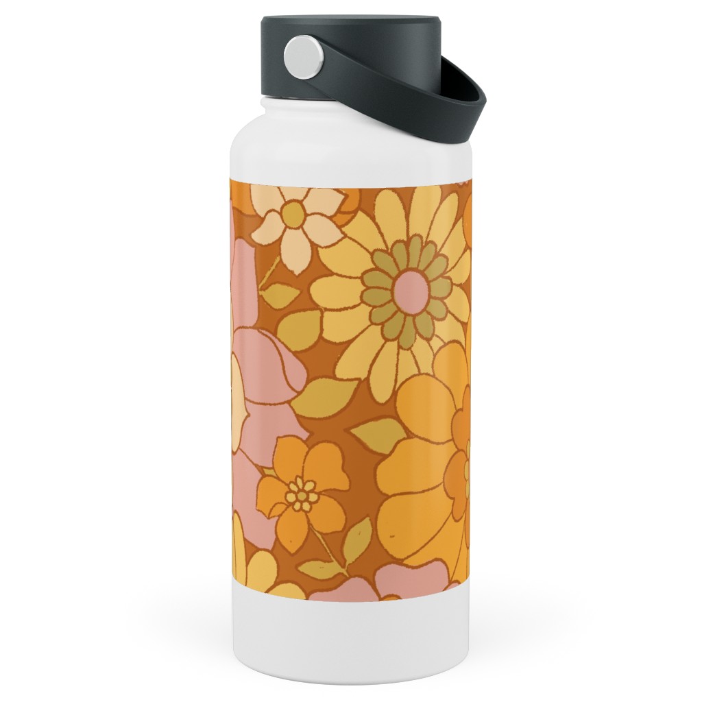 Avery Retro Floral Stainless Steel Wide Mouth Water Bottle, 30oz, Wide Mouth, Orange, Tawny