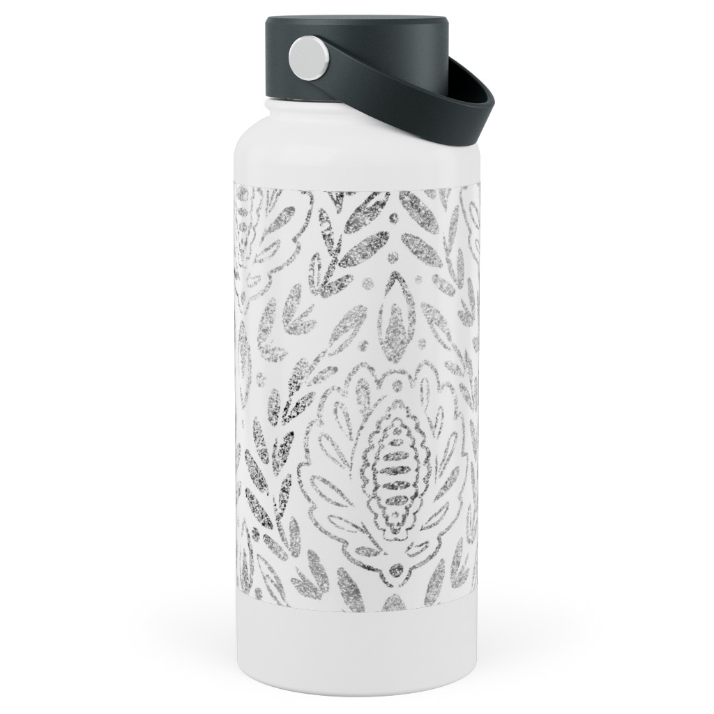 Distressed Damask Leaves - Grey Stainless Steel Wide Mouth Water Bottle, 30oz, Wide Mouth, Gray
