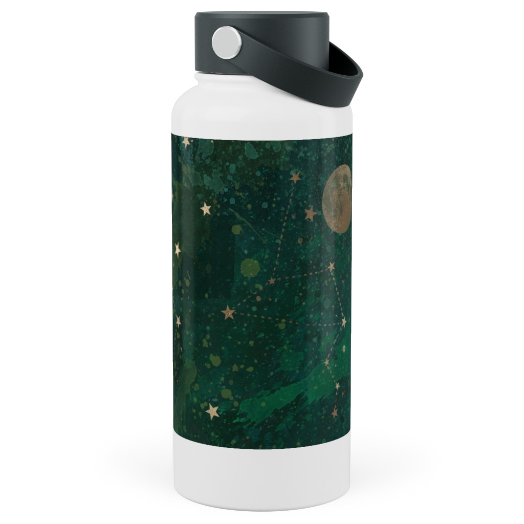 Moon and Stars - Green Stainless Steel Wide Mouth Water Bottle, 30oz, Wide Mouth, Green, Classic Green