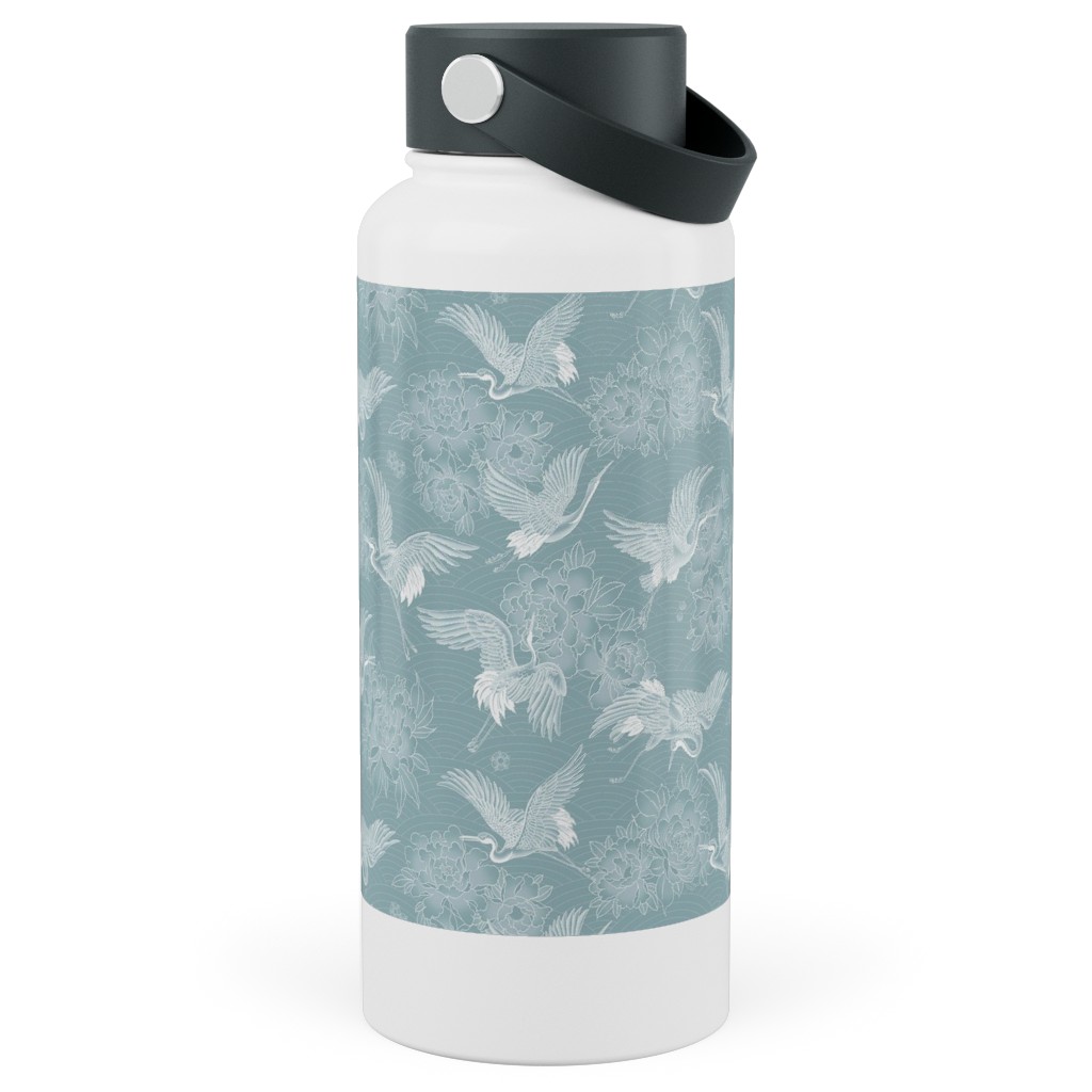 Majestic Cranes - Blue Stainless Steel Wide Mouth Water Bottle, 30oz, Wide Mouth, Blue