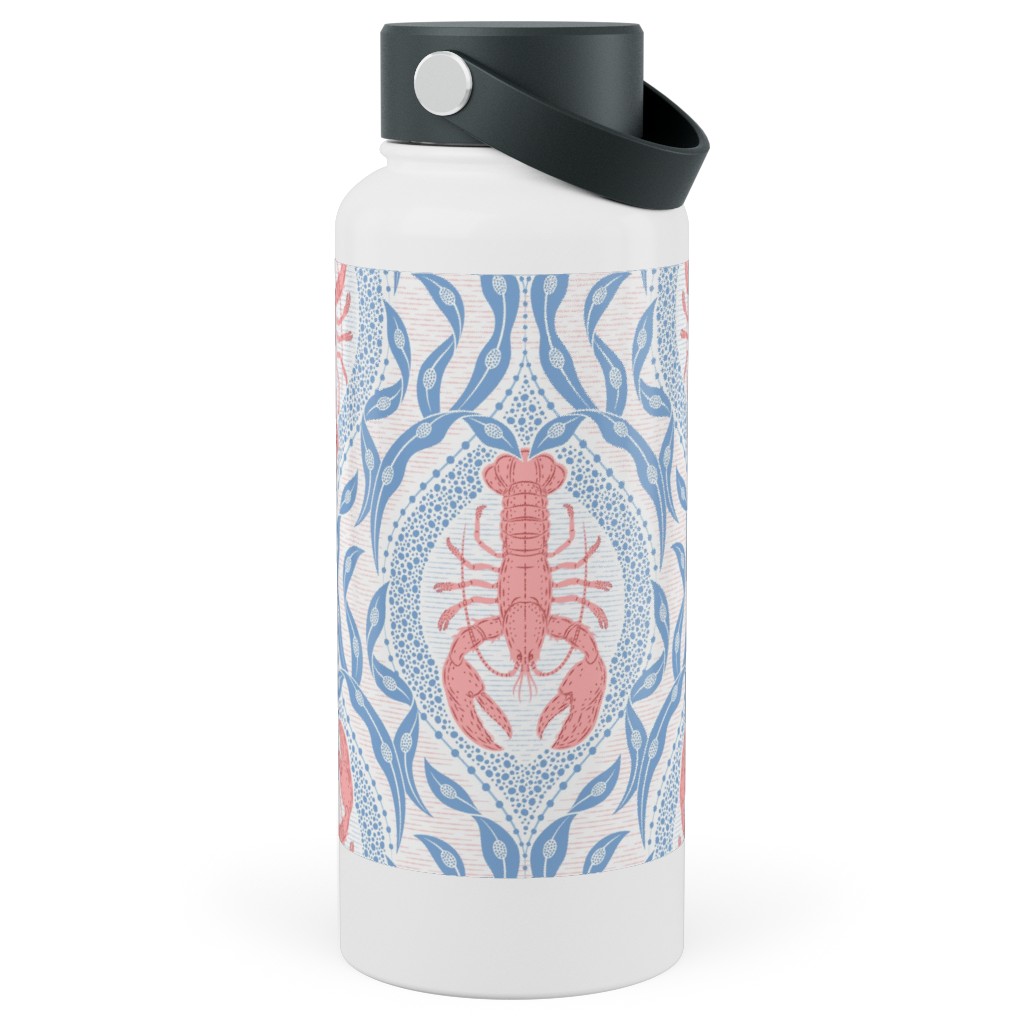 Lobster and Seaweed Nautical Damask - White, Coral Pink and Cornflower Blue Stainless Steel Wide Mouth Water Bottle, 30oz, Wide Mouth, Blue