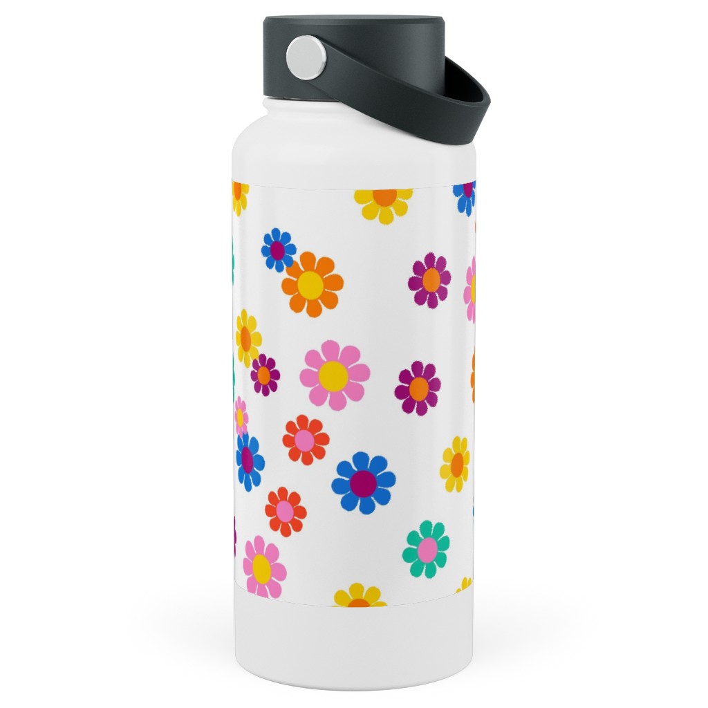 Rainbow Groovy Flowers Stainless Steel Wide Mouth Water Bottle, 30oz, Wide Mouth, Multicolor, White