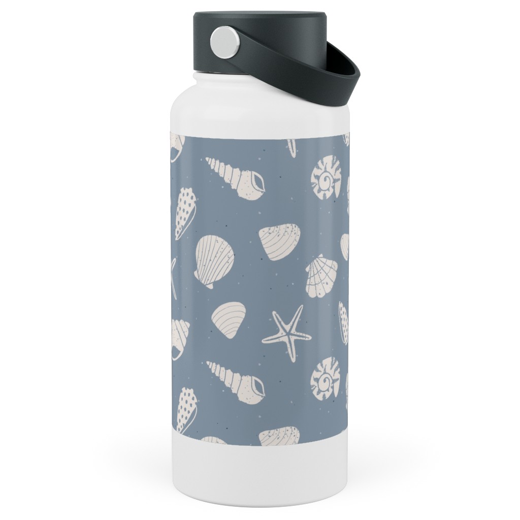 Seashells Summer Beach - Dusty Blue Stainless Steel Wide Mouth Water Bottle, 30oz, Wide Mouth, Blue