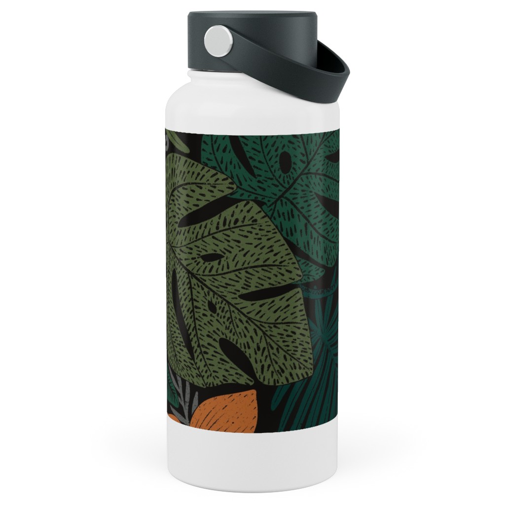 Moody Tropical Floral - Orange on Black Stainless Steel Wide Mouth Water Bottle, 30oz, Wide Mouth, Green, Classic Green