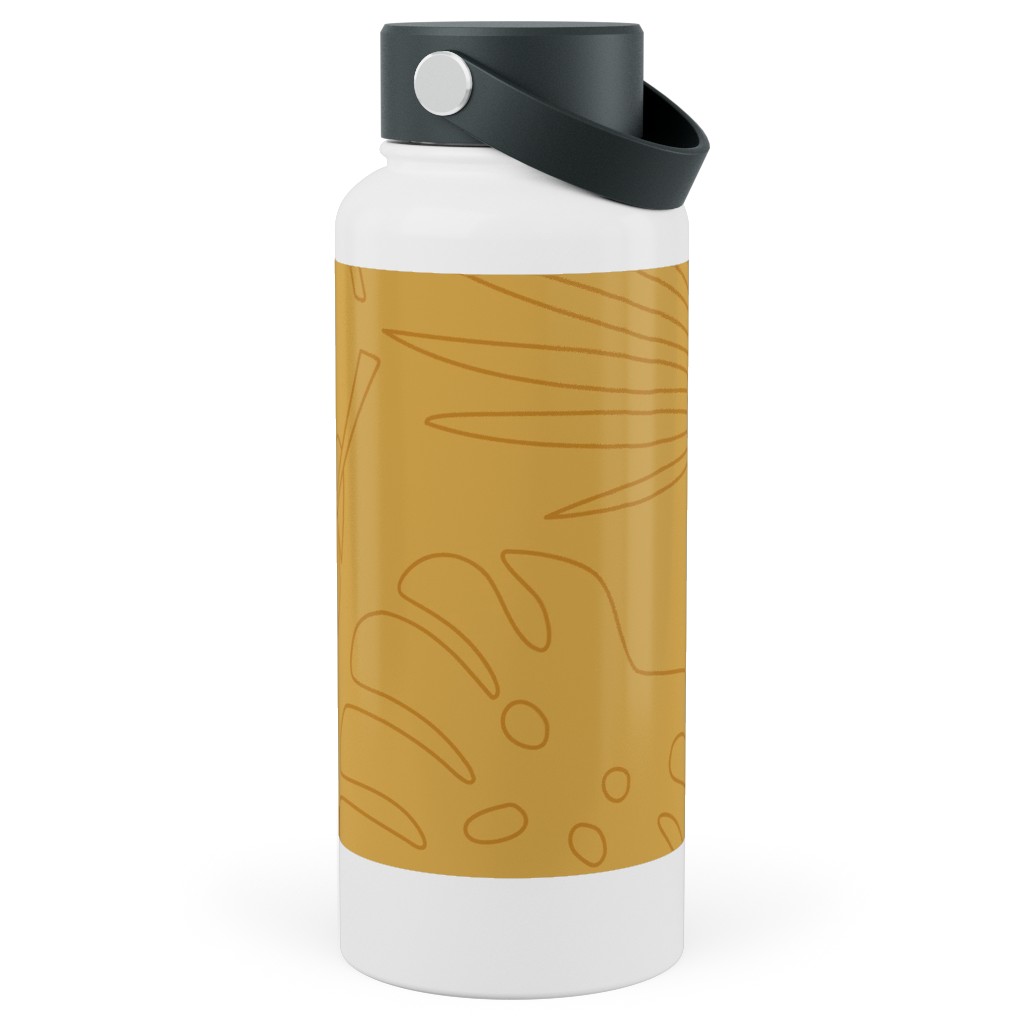 Tropical Leaves - Gold Stainless Steel Wide Mouth Water Bottle, 30oz, Wide Mouth, Yellow