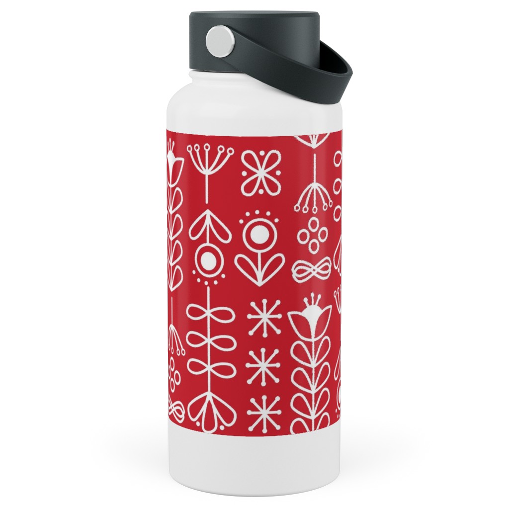 Red and White Nordic Mod Floral Stainless Steel Wide Mouth Water Bottle, 30oz, Wide Mouth, Red, Red