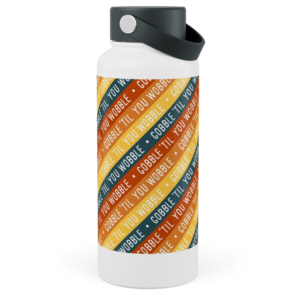 Gobble 'til You Wobble - Angled Thanksgiving Stripes - Multi W/ Teal Stainless Steel Wide Mouth Water Bottle, 30oz, Wide Mouth, Multicolor