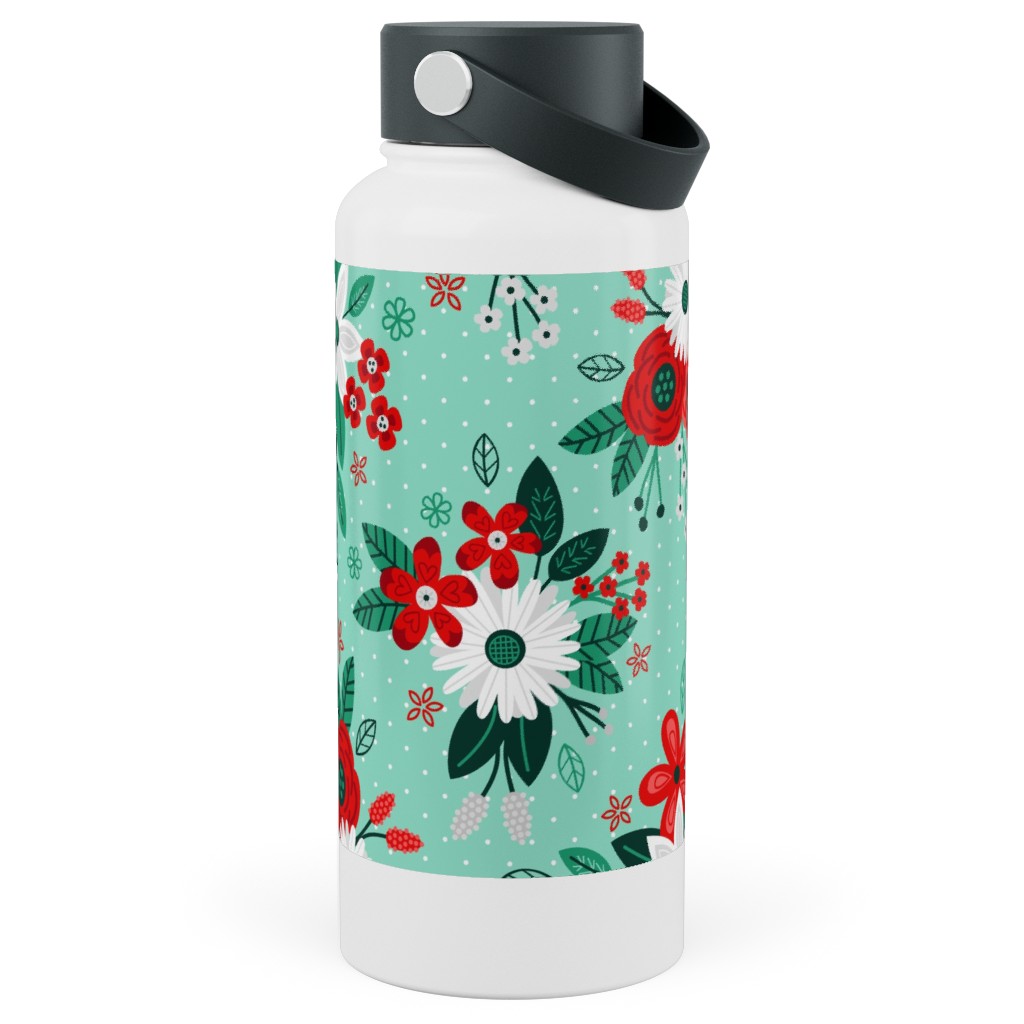 Holiday Floral Bouquet Stainless Steel Wide Mouth Water Bottle, 30oz, Wide Mouth, Green