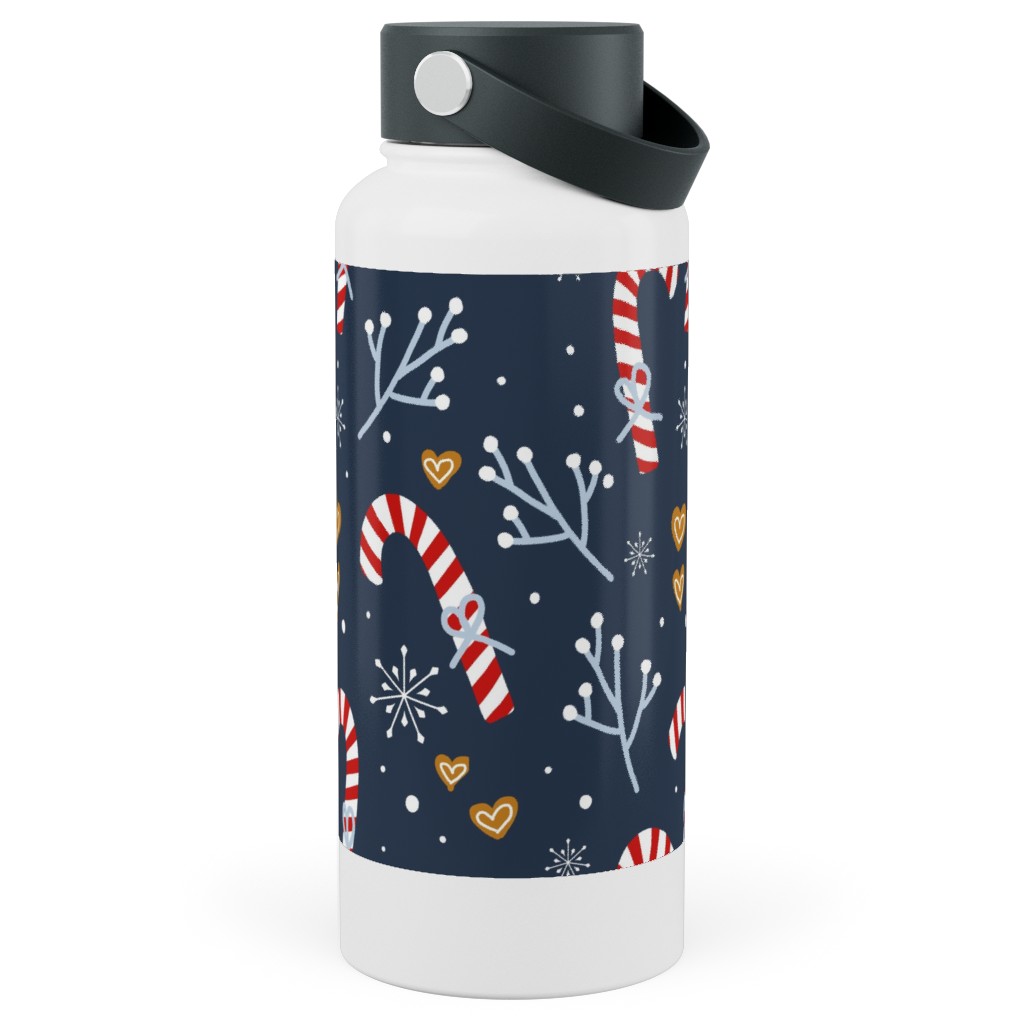 Candy Canes and Gingerbread Hearts Stainless Steel Wide Mouth Water Bottle, 30oz, Wide Mouth, Blue, True Blue