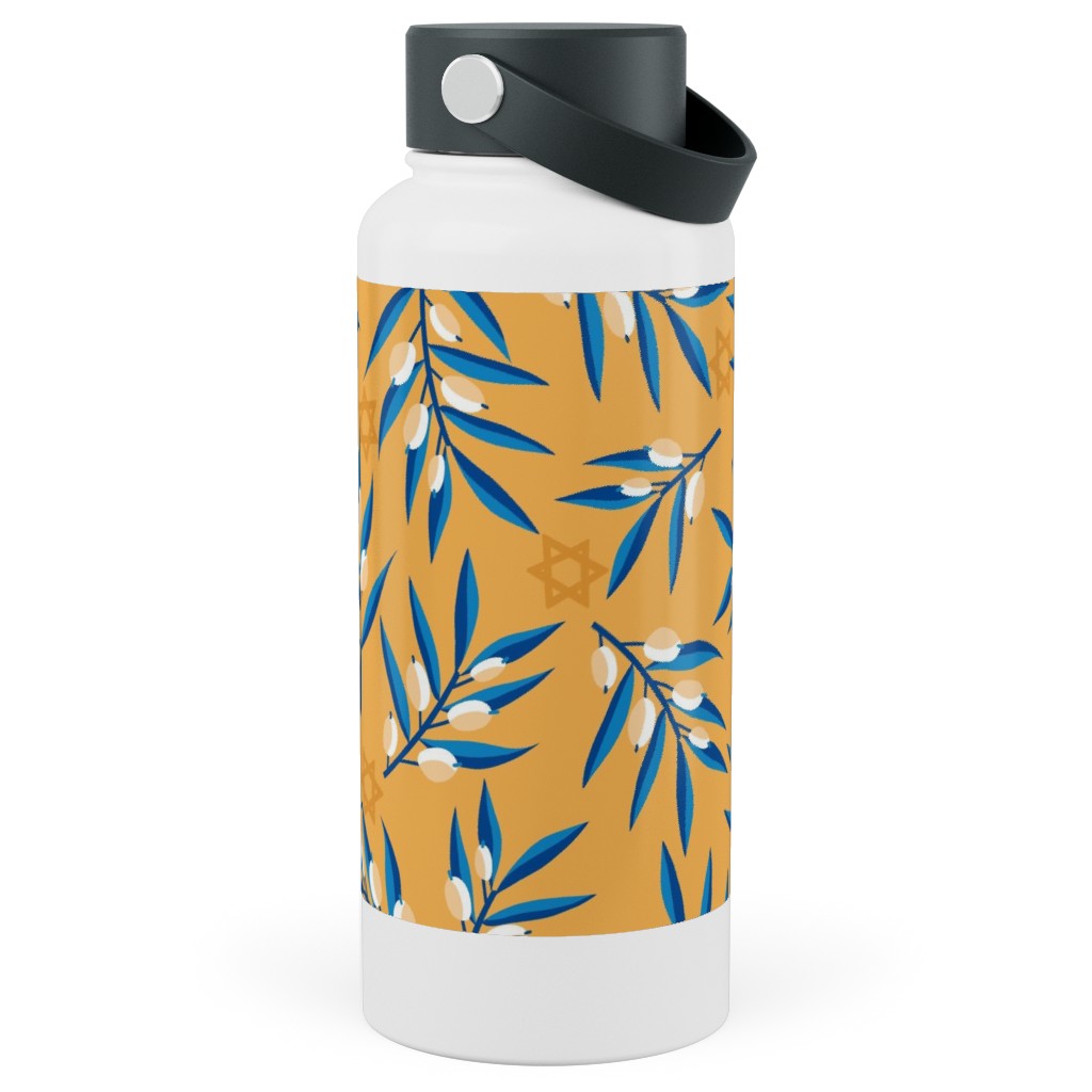 Olive Branches Hanukkah - Blue on Yellow Stainless Steel Wide Mouth Water Bottle, 30oz, Wide Mouth, Yellow, Classic Yellow