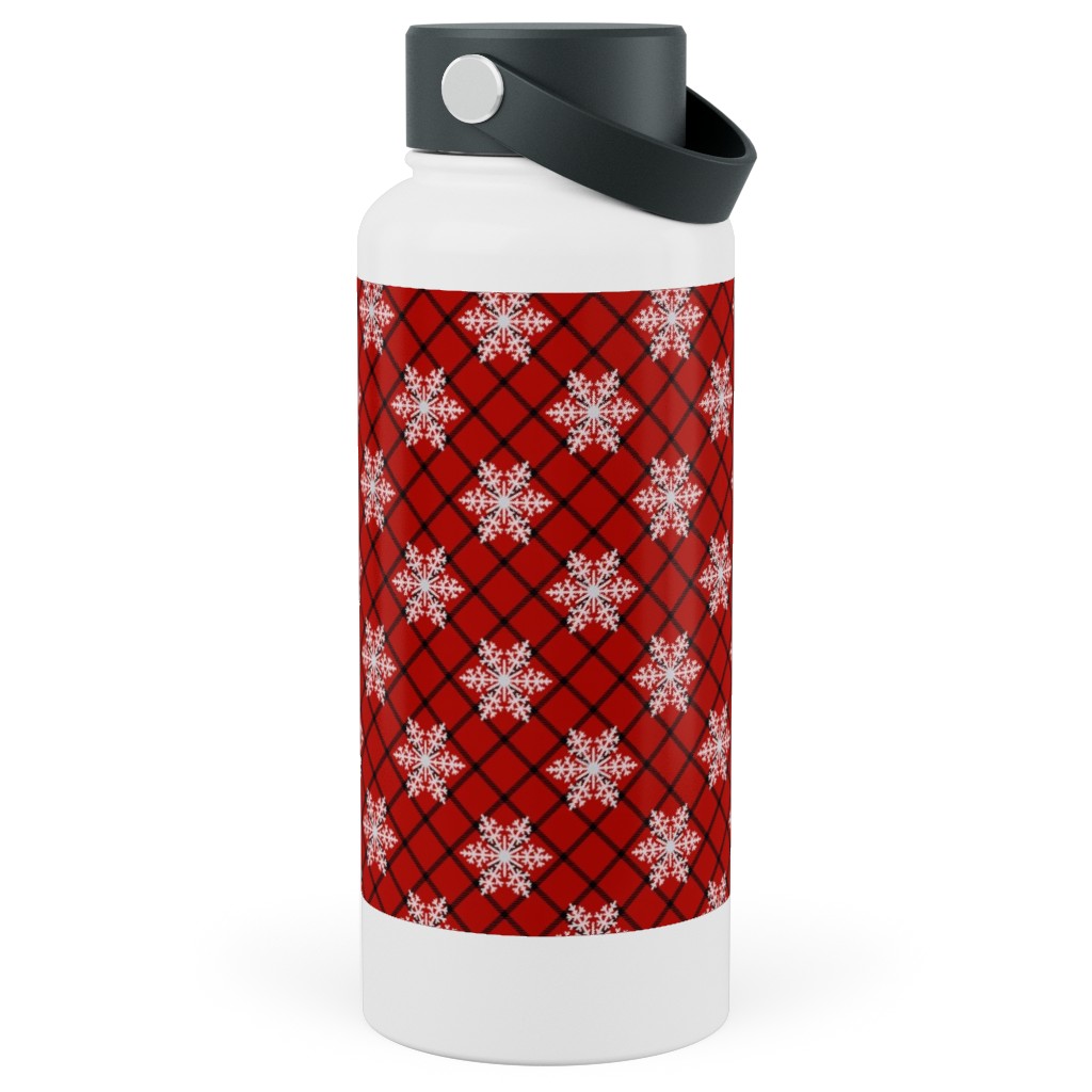 Snowy Winter Diagonal Checker Plaid - Red and Black Stainless Steel Wide Mouth Water Bottle, 30oz, Wide Mouth, Red, Red