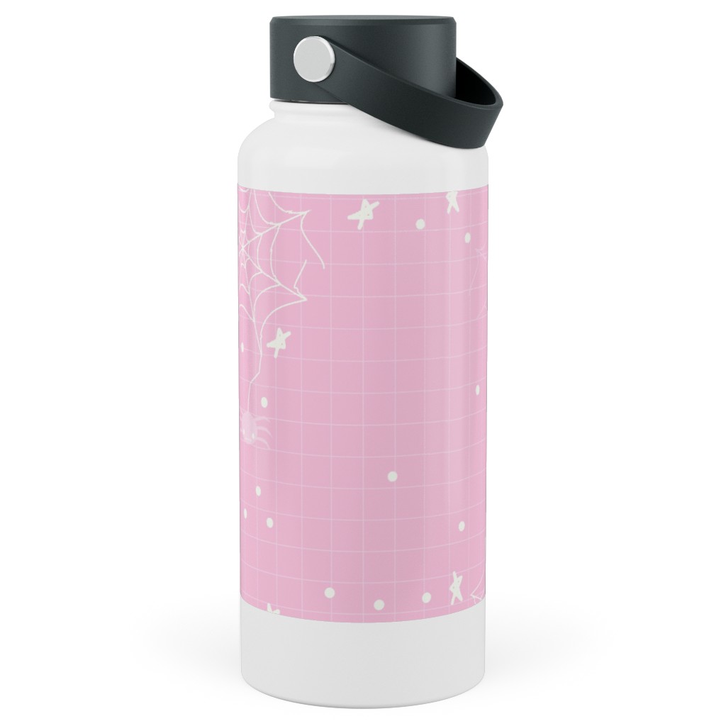 Pastel Halloween Web and Spider - Pink Stainless Steel Wide Mouth Water Bottle, 30oz, Wide Mouth, Pink