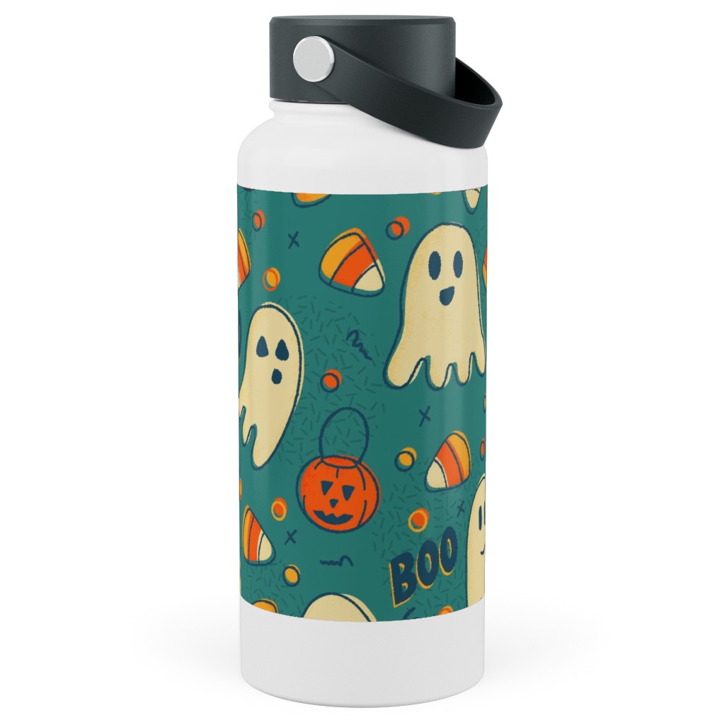 Candy Corn and Ghosts - Green Stainless Steel Wide Mouth Water Bottle, 30oz, Wide Mouth, Multicolor