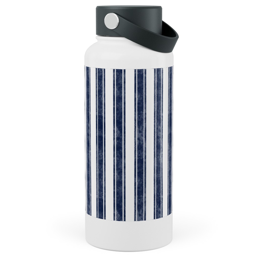 Vertical French Ticking Textured Pinstripes in Dark Midnight Navy and White Stainless Steel Wide Mouth Water Bottle, 30oz, Wide Mouth, Blue, True Blue