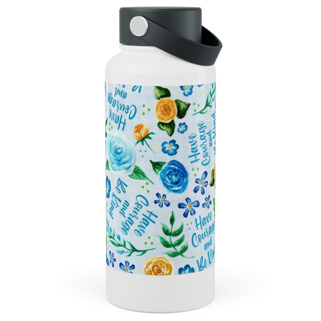 Have Courage and Be Kind - Watercolor Floral - Blue and Yellow Stainless Steel Wide Mouth Water Bottle, 30oz, Wide Mouth, Blue