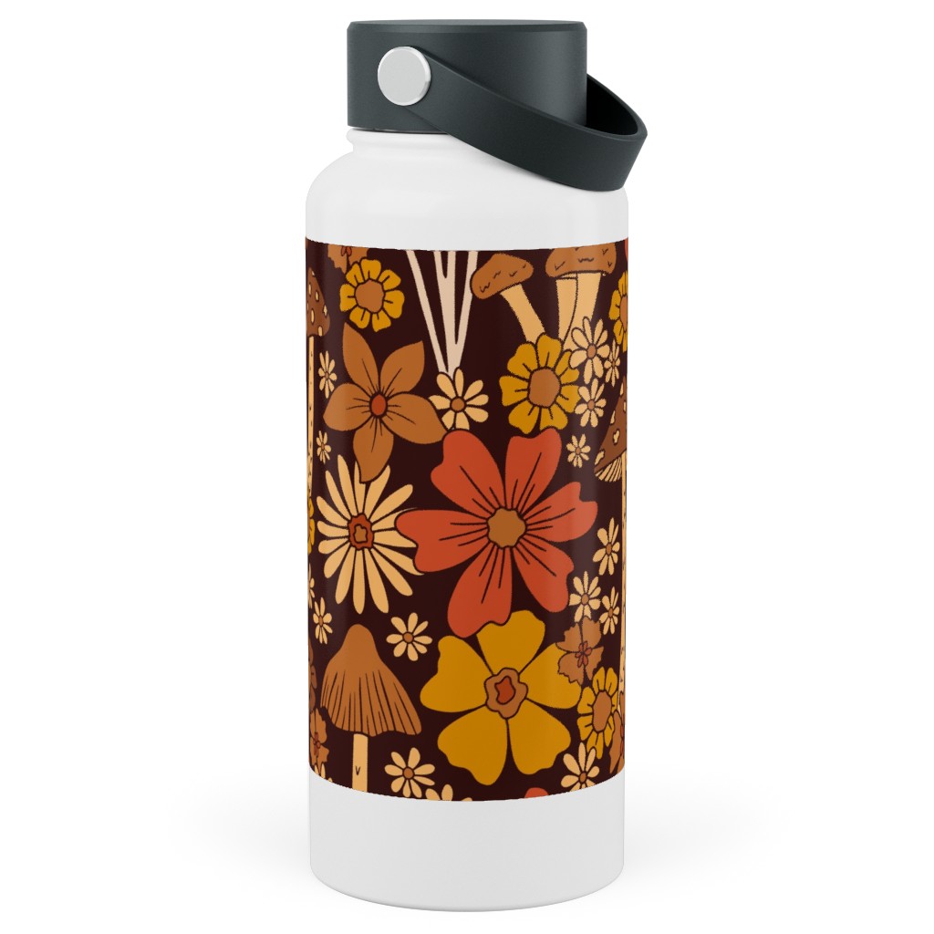 Retro 1970s Mushroom & Flowers - Brown and Orange Stainless Steel Wide Mouth Water Bottle, 30oz, Wide Mouth, Orange