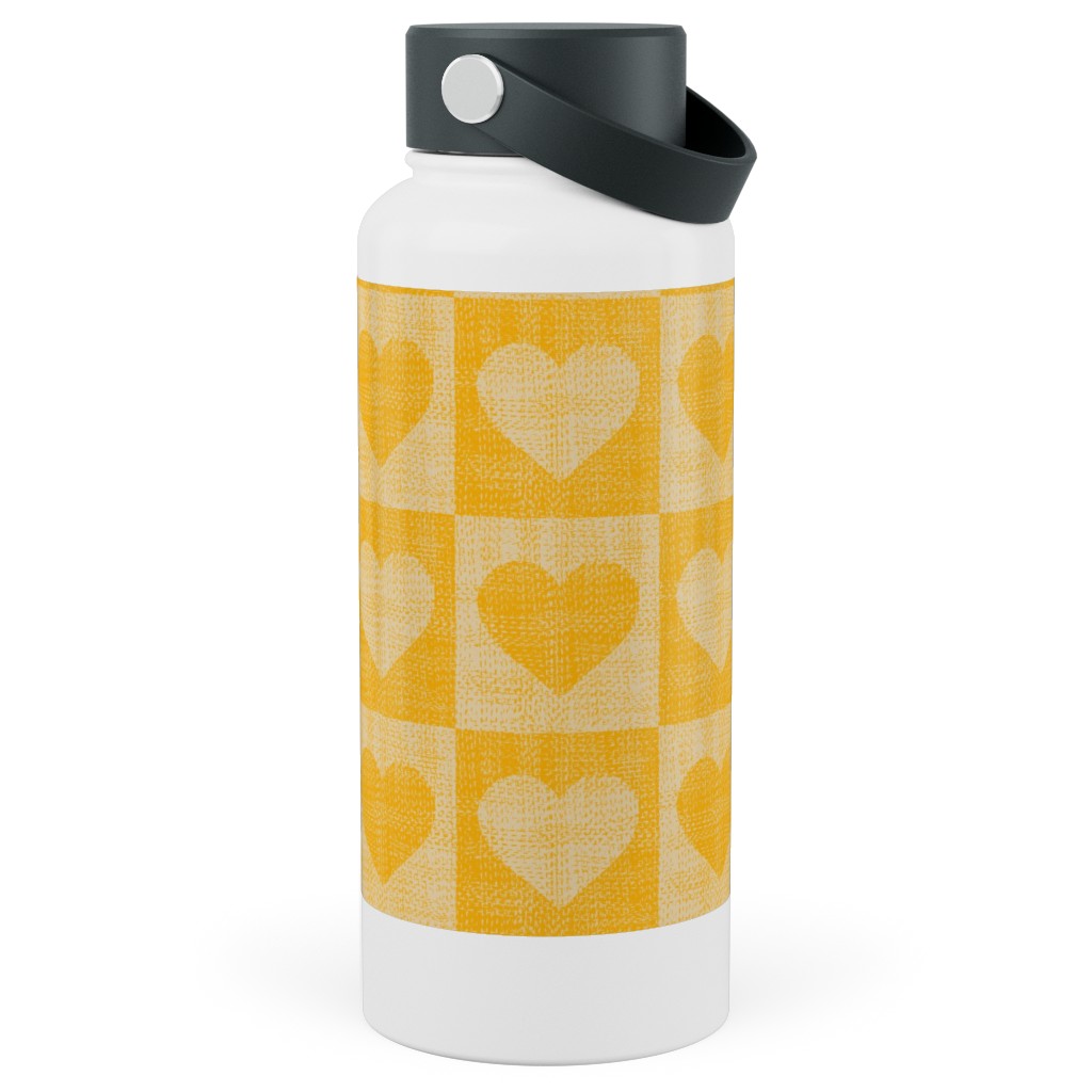 Love Hearts Check - Yellow Stainless Steel Wide Mouth Water Bottle, 30oz, Wide Mouth, Yellow