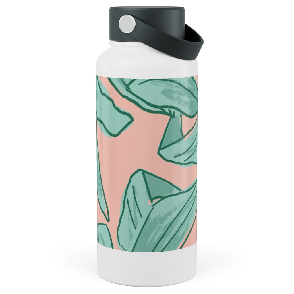 Lush Tropical Leaves - Pink and Mint Stainless Steel Wide Mouth Water Bottle, 30oz, Wide Mouth, Green, Classic Green