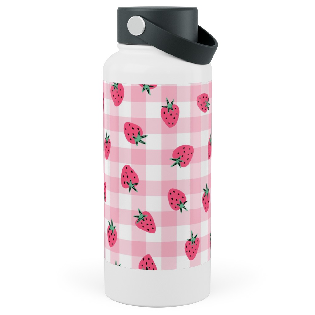 Summer Strawberry Gingham - Pink Stainless Steel Wide Mouth Water Bottle, 30oz, Wide Mouth, Pink