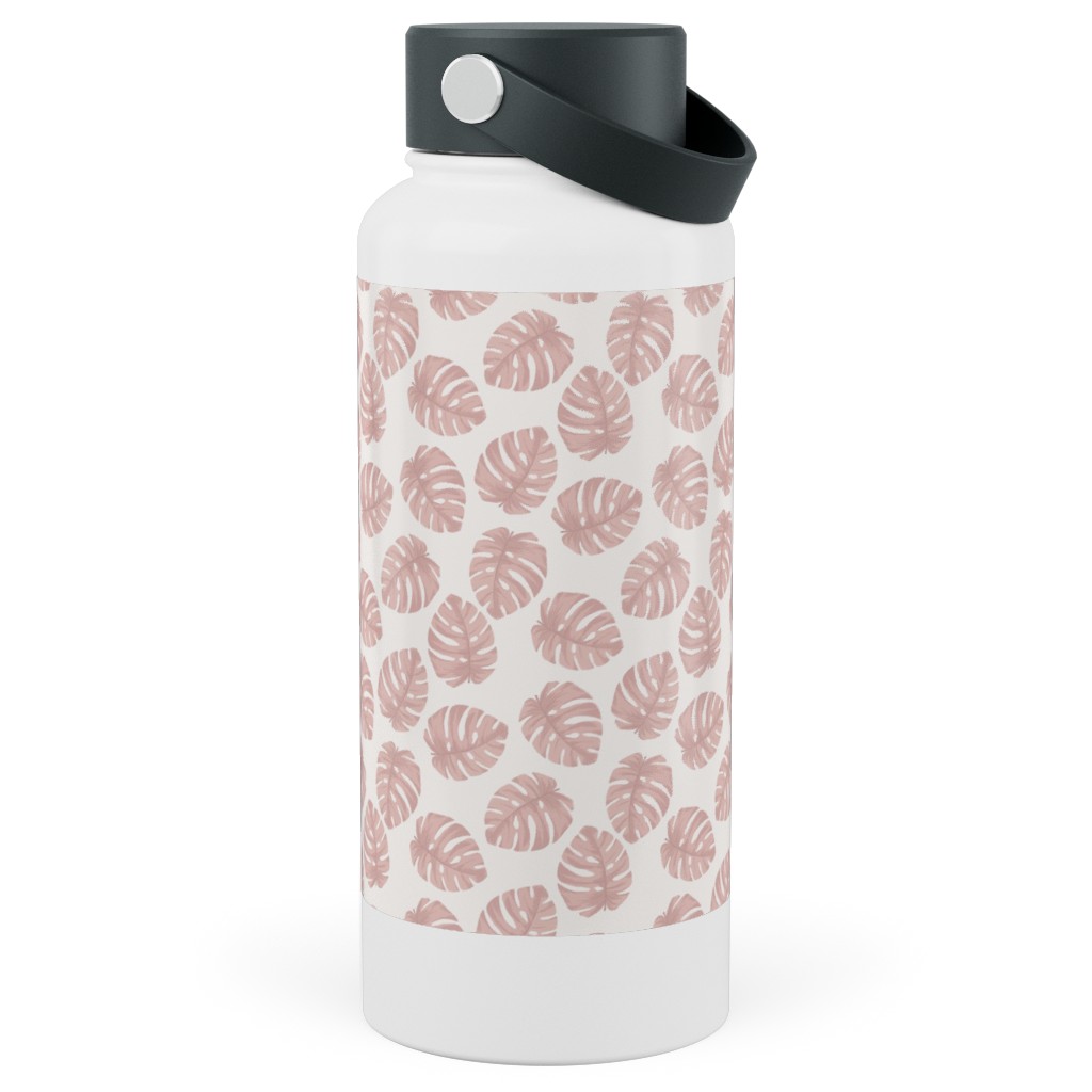 Boho Monstera Leaf - Light Pink on Off White Stainless Steel Wide Mouth Water Bottle, 30oz, Wide Mouth, Pink