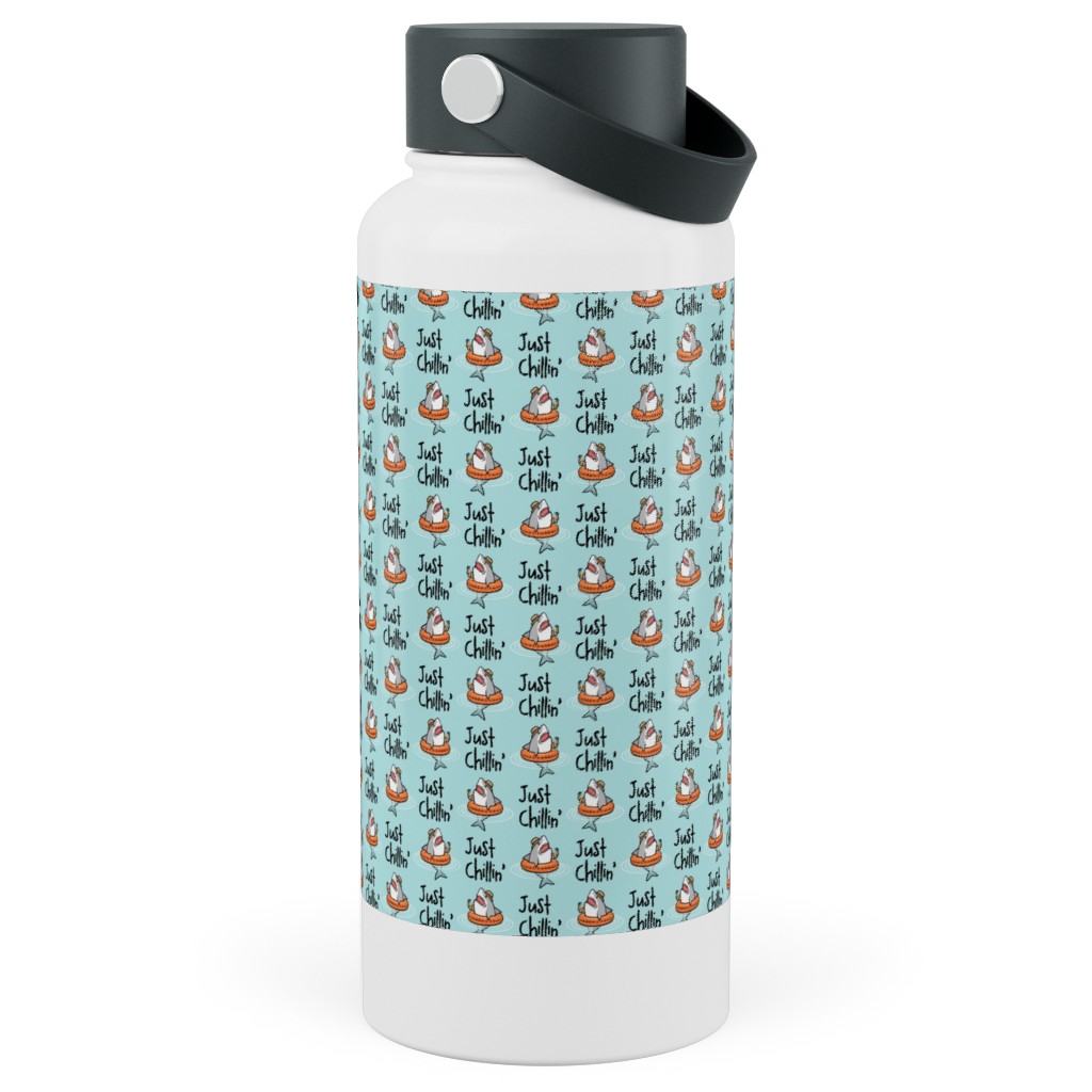 Just Chillin' - Pool Sharks - Light Blue Stainless Steel Wide Mouth Water Bottle, 30oz, Wide Mouth, Blue
