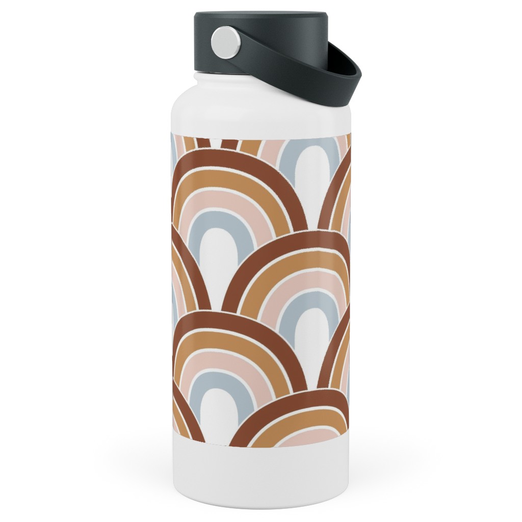 Retro Rainbow Waves - Scales and Curves - Rust Beige Blush Blue on White Stainless Steel Wide Mouth Water Bottle, 30oz, Wide Mouth, Orange, Orange