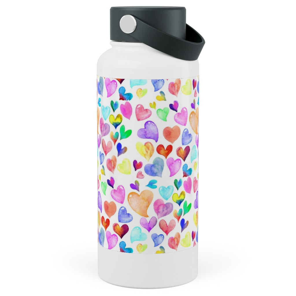 Colorful Watercolor Hearts - Multi on White Stainless Steel Wide Mouth Water Bottle, 30oz, Wide Mouth, Multicolor