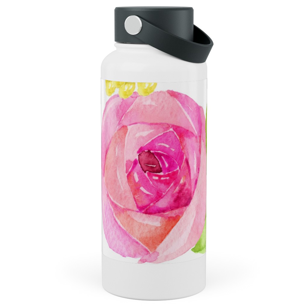 Spring Peonies, Roses, and Poppies - Watercolor Stainless Steel Wide Mouth Water Bottle, 30oz, Wide Mouth, Pink