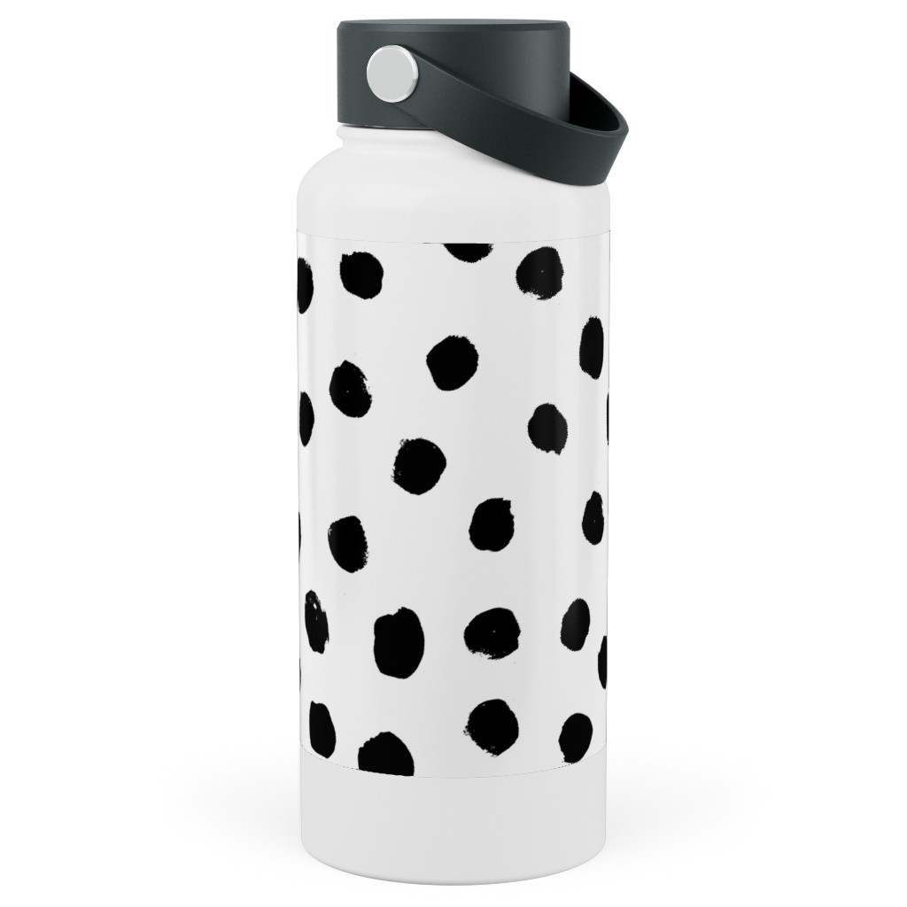 Soft Painted Dots Stainless Steel Wide Mouth Water Bottle, 30oz, Wide Mouth, White, Black