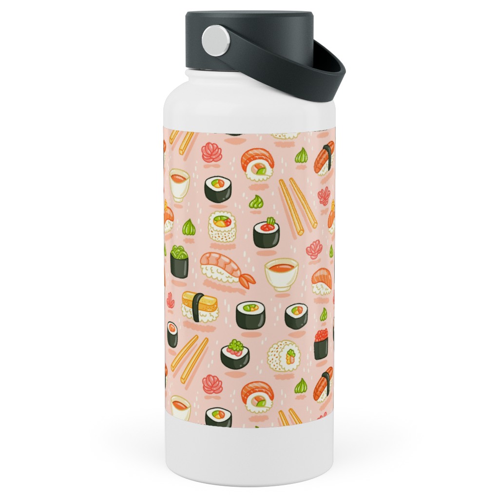 Sushi and Rolls - Pink Stainless Steel Wide Mouth Water Bottle, 30oz, Wide Mouth, Pink, Bright Pink
