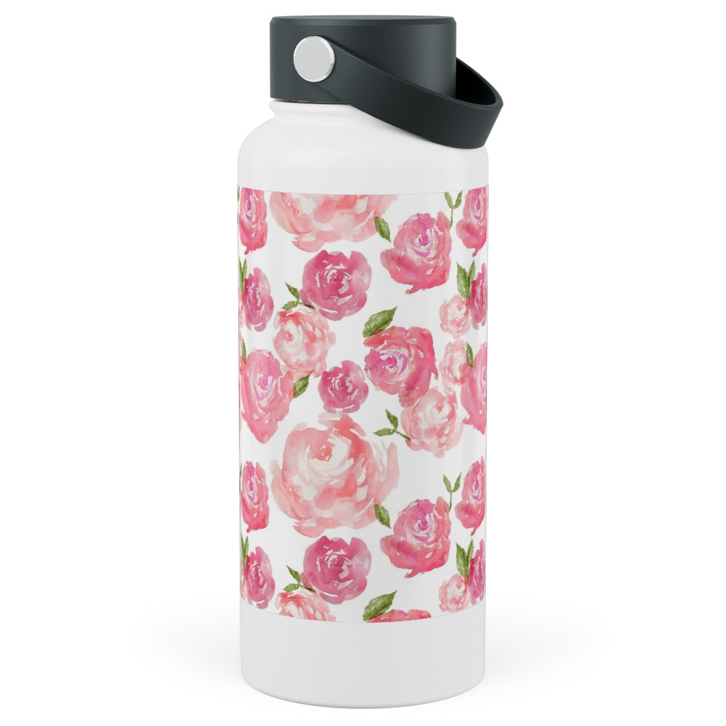 Watercolor Floral - Pink Stainless Steel Wide Mouth Water Bottle, 30oz, Wide Mouth, Pink
