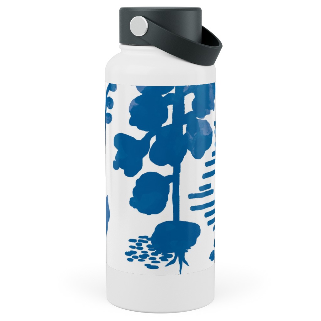 Blue and White Garden Stainless Steel Wide Mouth Water Bottle, 30oz, Wide Mouth, Blue, True Blue
