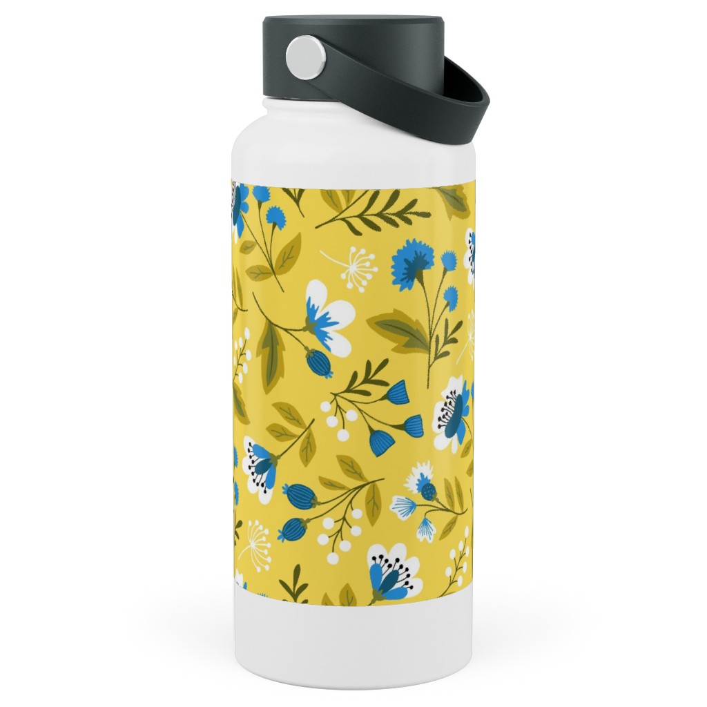 Colorful Spring Flowers - Blue on Yellow Stainless Steel Wide Mouth Water Bottle, 30oz, Wide Mouth, Yellow
