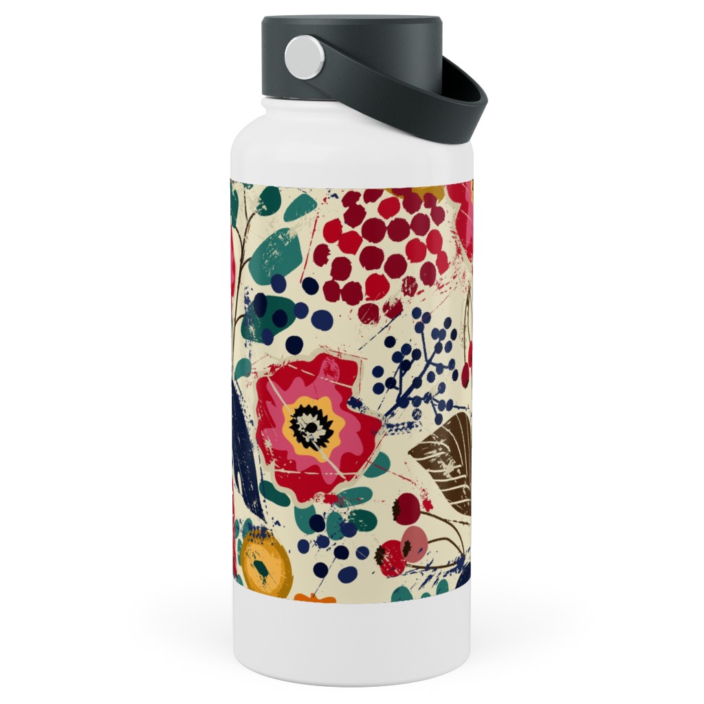Botanical Block Print Stainless Steel Wide Mouth Water Bottle, 30oz, Wide Mouth, Multicolor