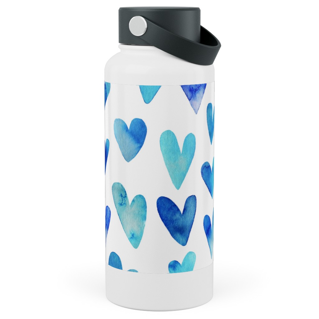 Blue Ombre Hearts - Blue Stainless Steel Wide Mouth Water Bottle, 30oz, Wide Mouth, Blue