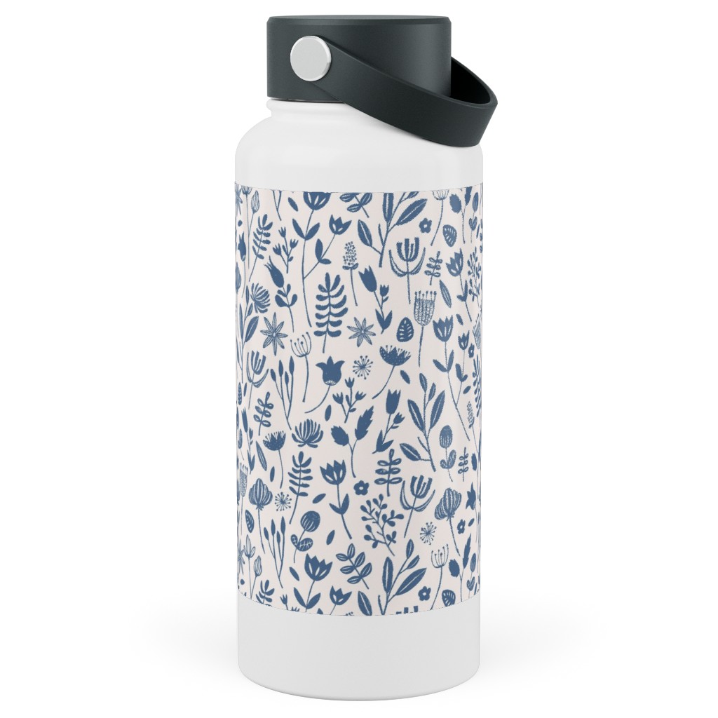 Folk Botanical Print - Blue Stainless Steel Wide Mouth Water Bottle, 30oz, Wide Mouth, Blue, True Blue