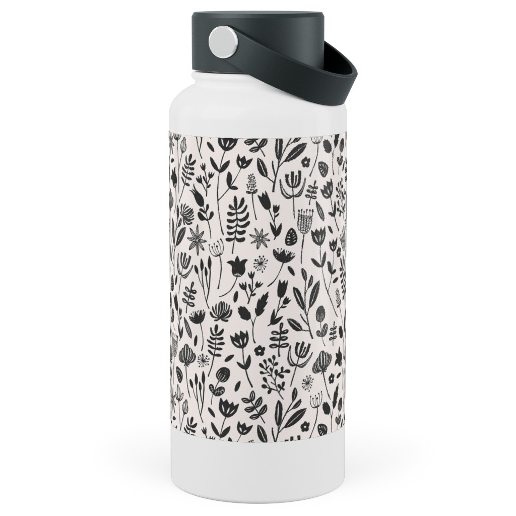 Folk Botanical Print - Neutral Stainless Steel Wide Mouth Water Bottle, 30oz, Wide Mouth, Beige, Pearl