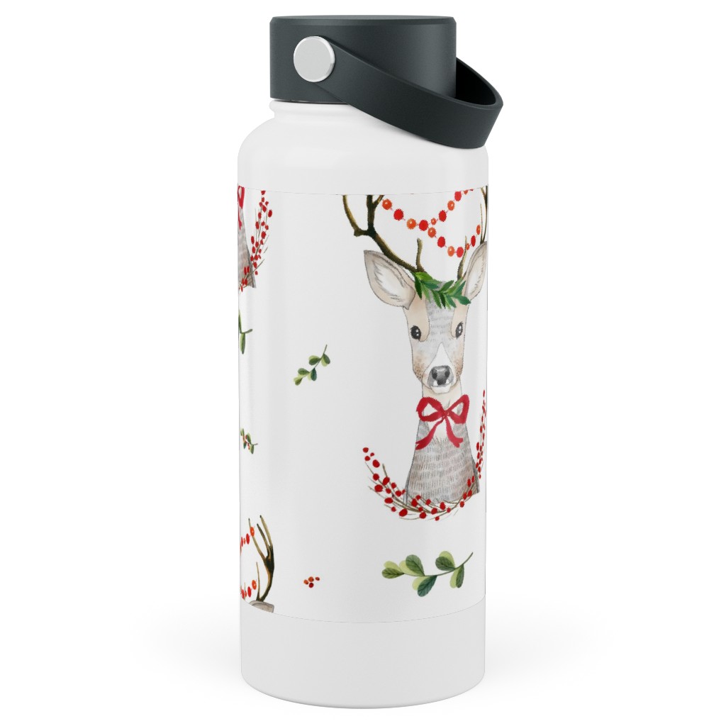 Holiday Fancy Deer With Holly Stainless Steel Wide Mouth Water Bottle, 30oz, Wide Mouth, Multicolor