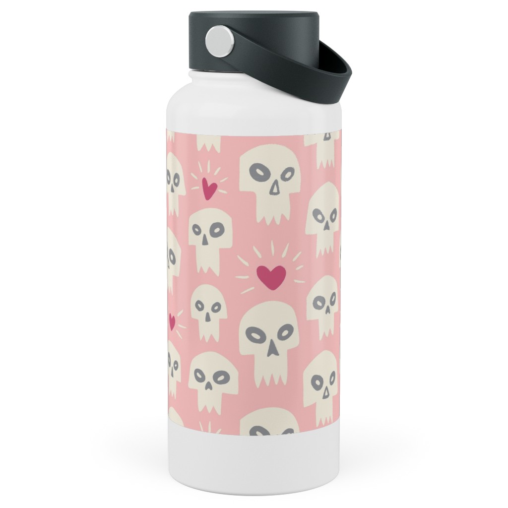 Skulls With Hearts - Pink Stainless Steel Wide Mouth Water Bottle, 30oz, Wide Mouth, Pink, Bright Pink