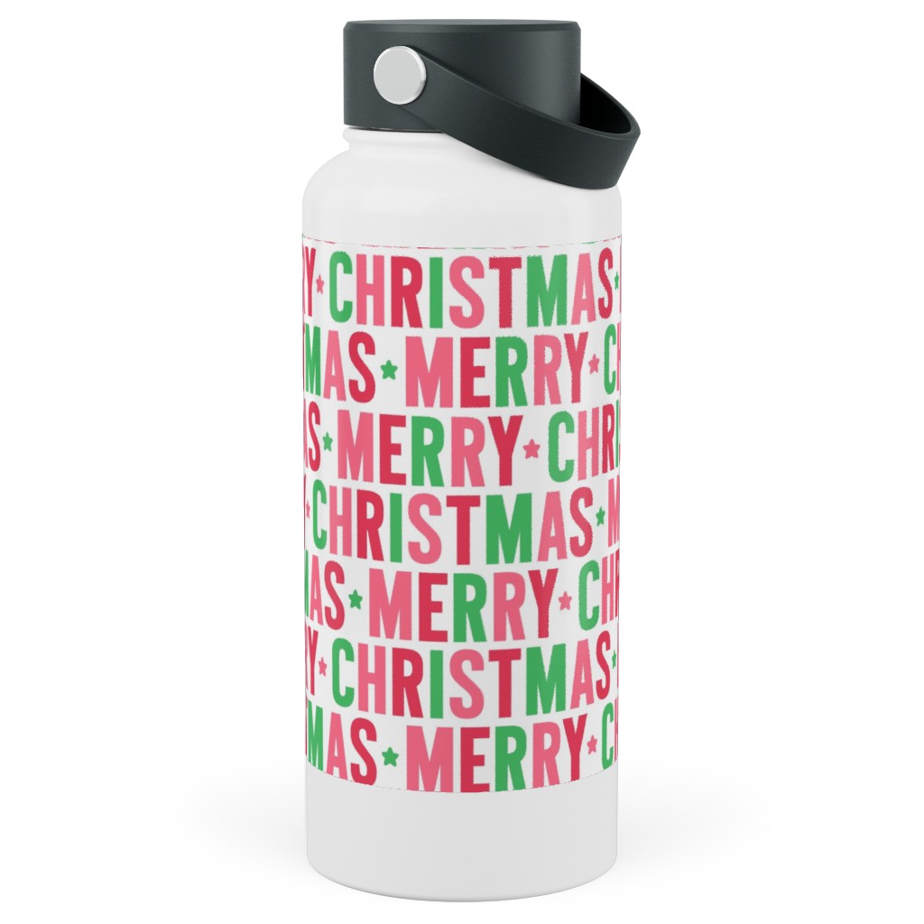 Merry Christmas Uppercase - Green, Pink, Red Stainless Steel Wide Mouth Water Bottle, 30oz, Wide Mouth, Multicolor