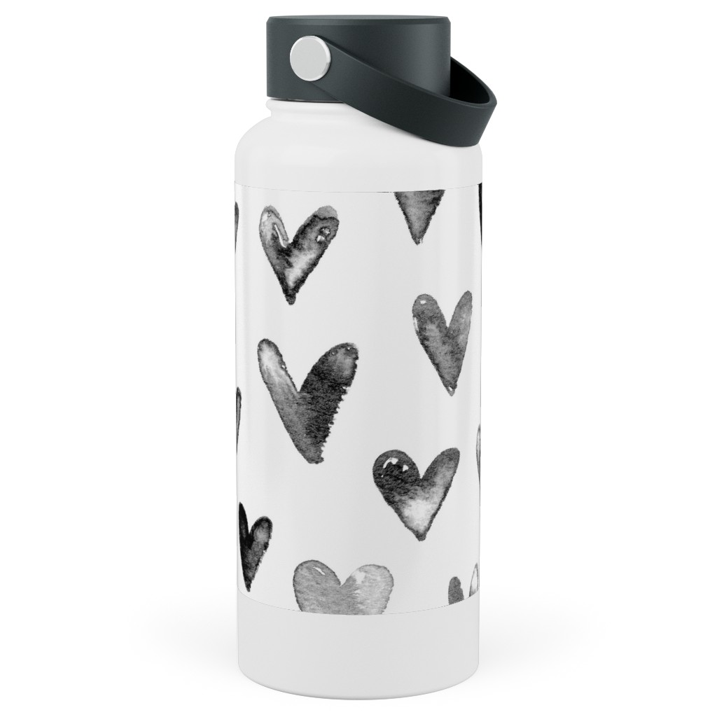 Watercolor Hearts - Black and White Stainless Steel Wide Mouth Water Bottle, 30oz, Wide Mouth, Black