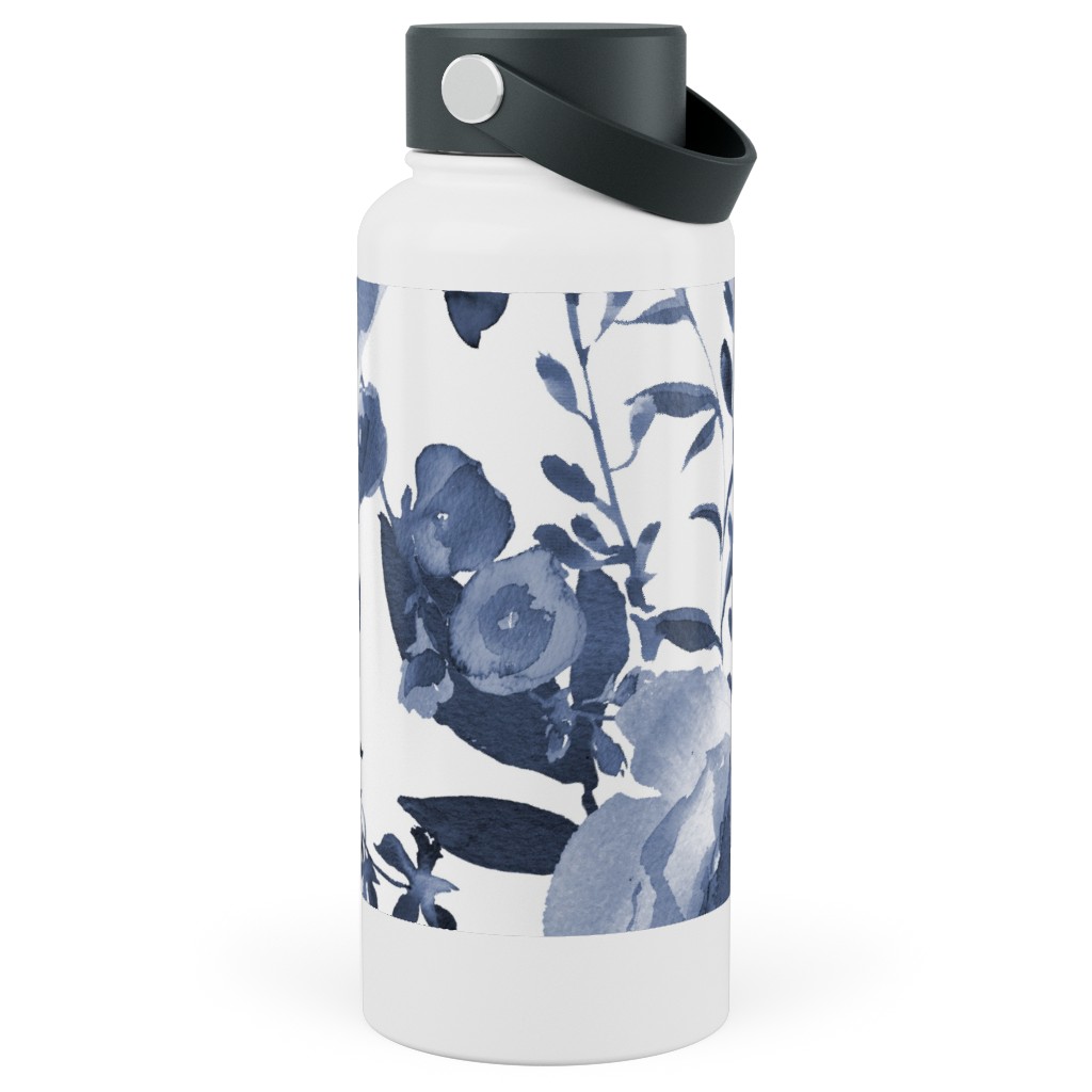 Blue and White Florals - Indigo Stainless Steel Wide Mouth Water Bottle, 30oz, Wide Mouth, Blue, True Blue