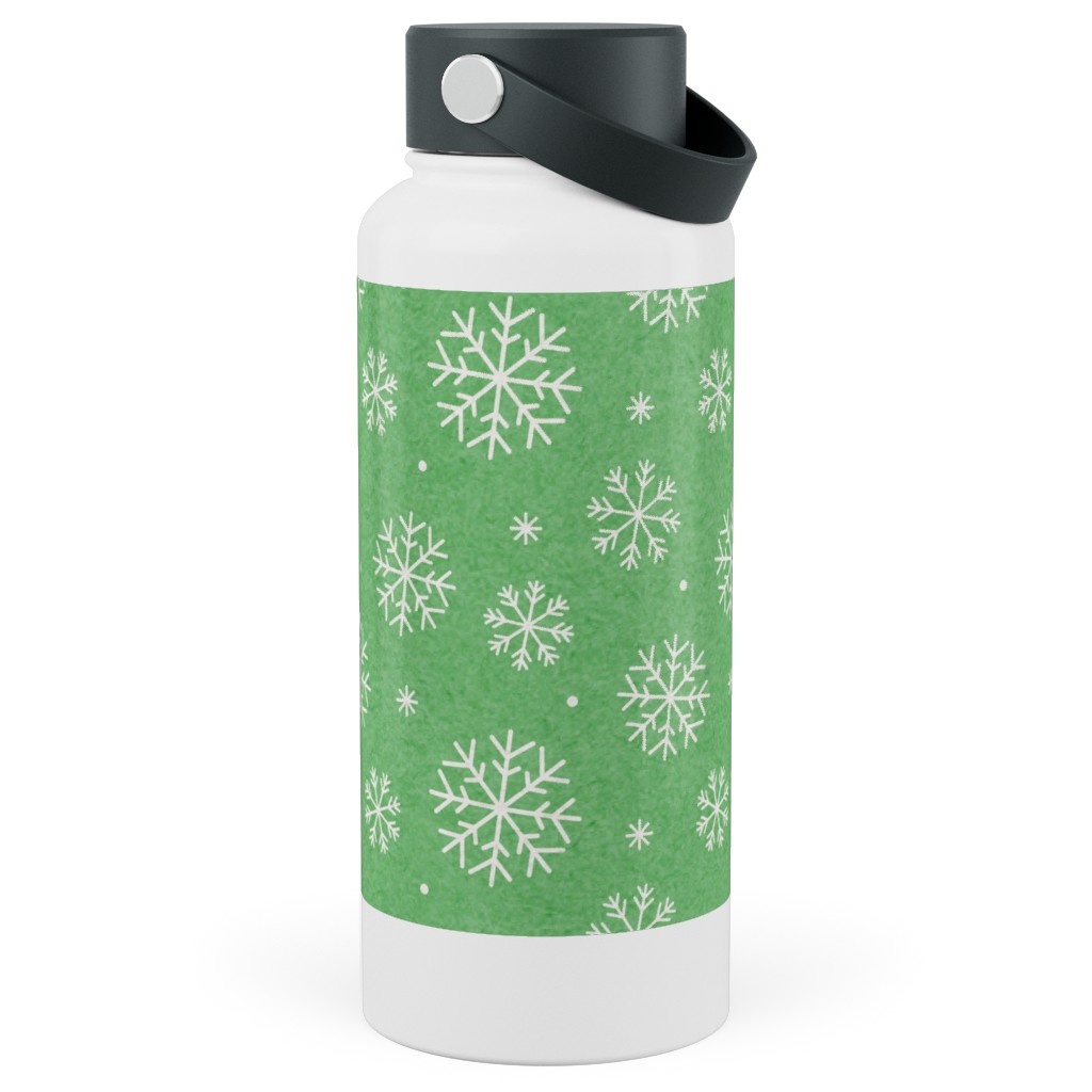 Snowflakes on Mottled Green Stainless Steel Wide Mouth Water Bottle, 30oz, Wide Mouth, Green