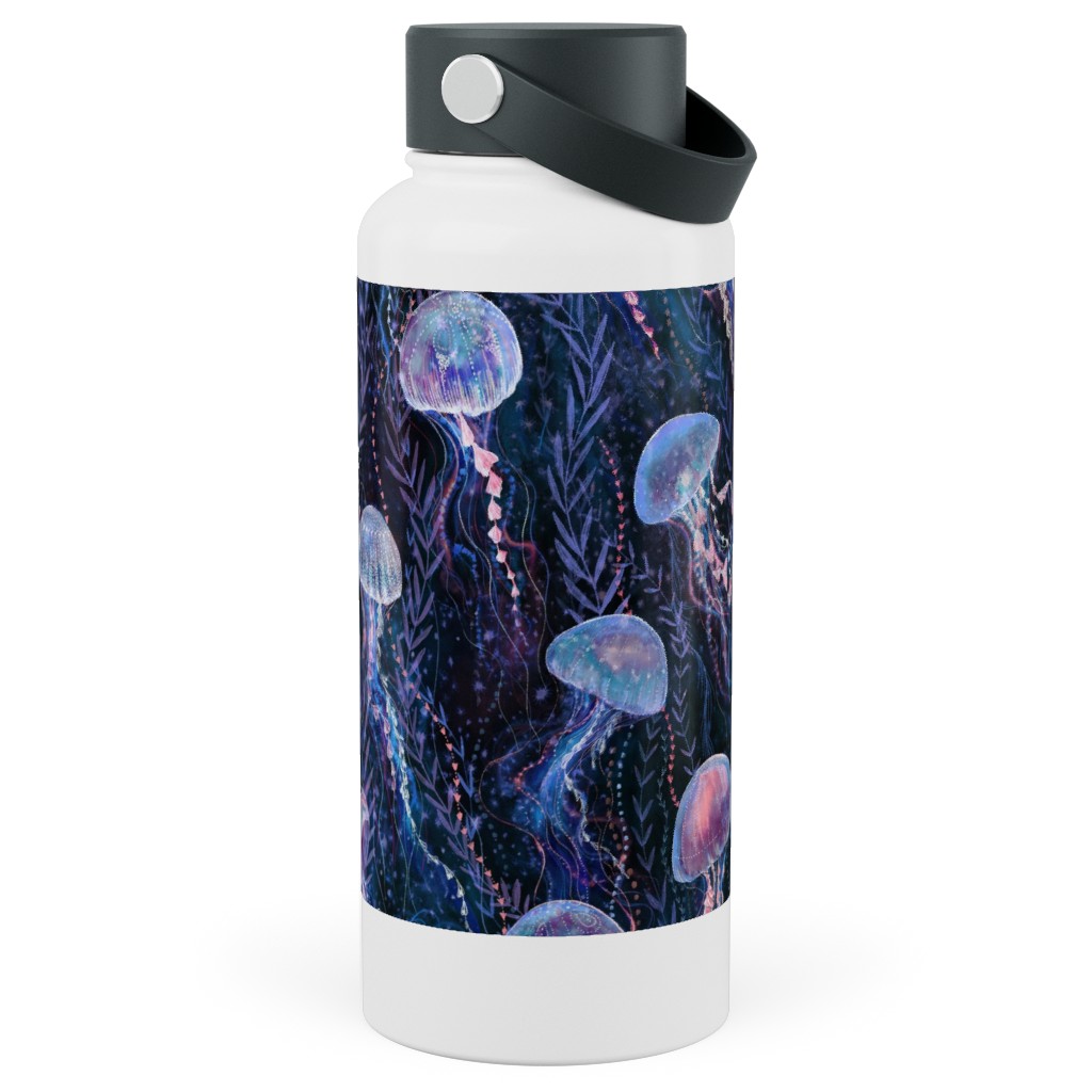 Magic Jellyfish Watercolor Stainless Steel Wide Mouth Water Bottle, 30oz, Wide Mouth, Blue, True Blue