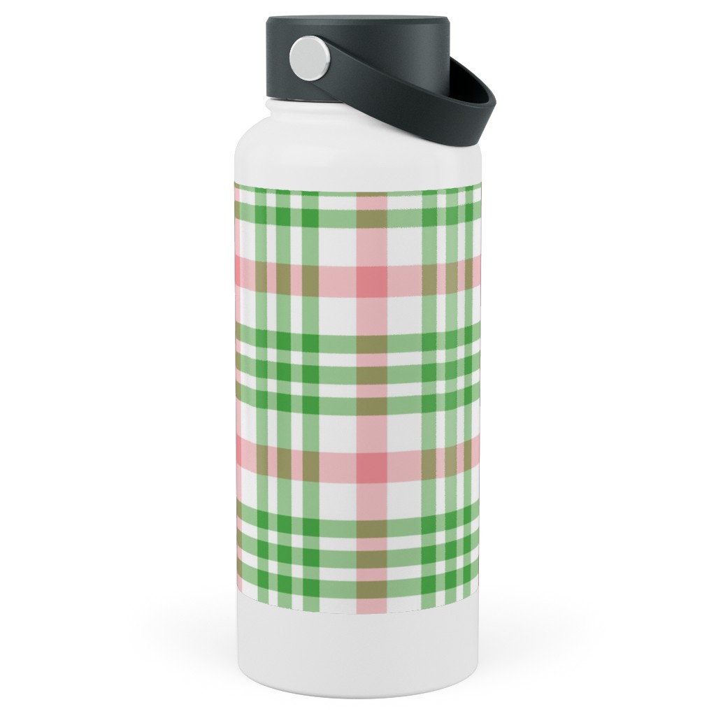 Pink, Green, and White Plaid Stainless Steel Wide Mouth Water Bottle, 30oz, Wide Mouth, Green