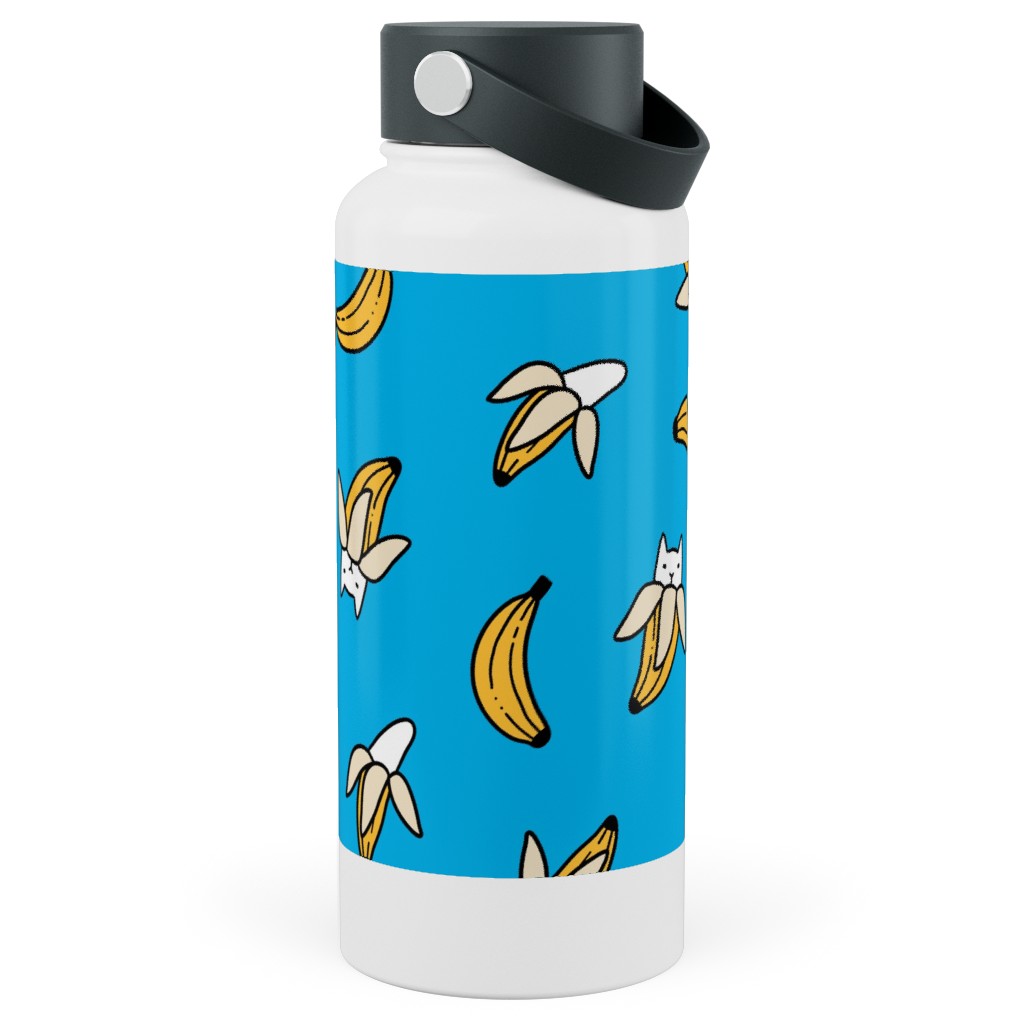 Funny Yummy Banana Cats - Blue Stainless Steel Wide Mouth Water Bottle, 30oz, Wide Mouth, Blue, True Blue