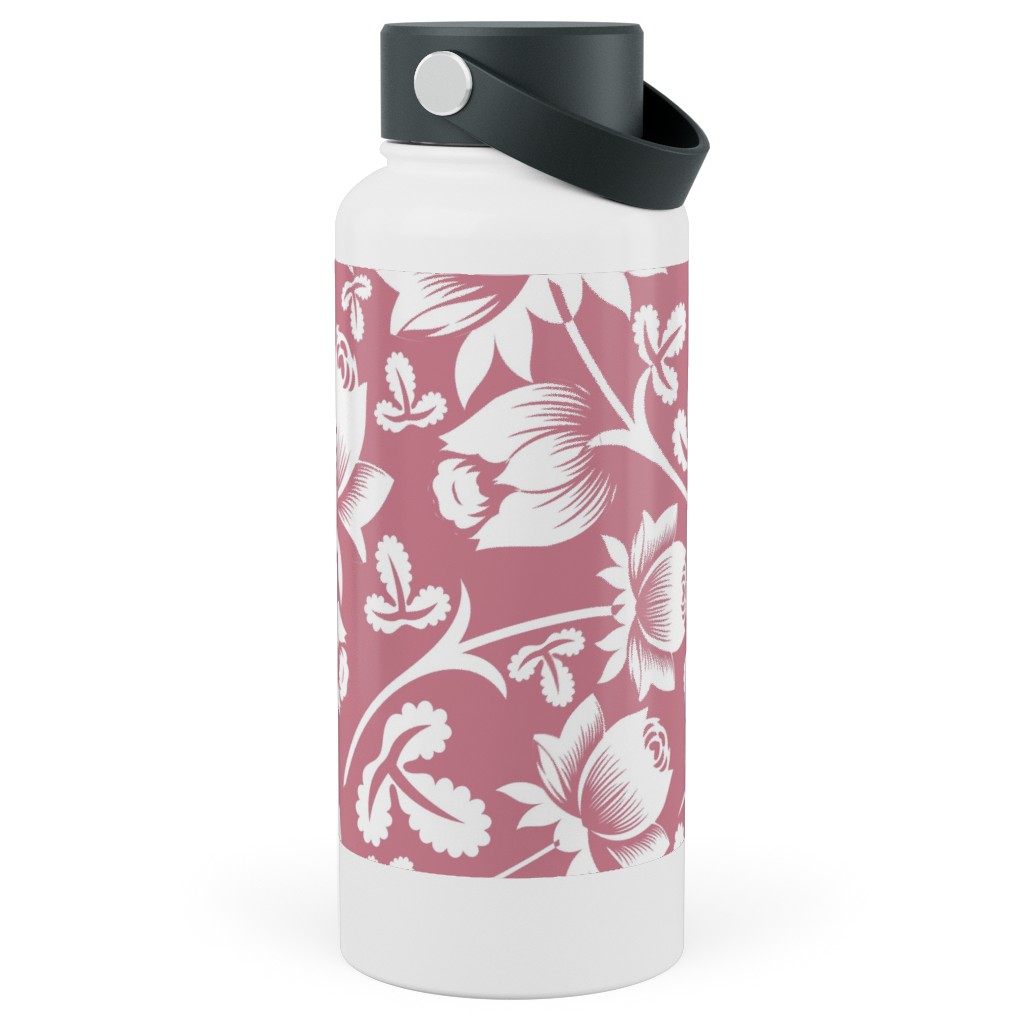 Lovely Rose Flower - Pink and White Stainless Steel Wide Mouth Water Bottle, 30oz, Wide Mouth, Pink, Bright Pink