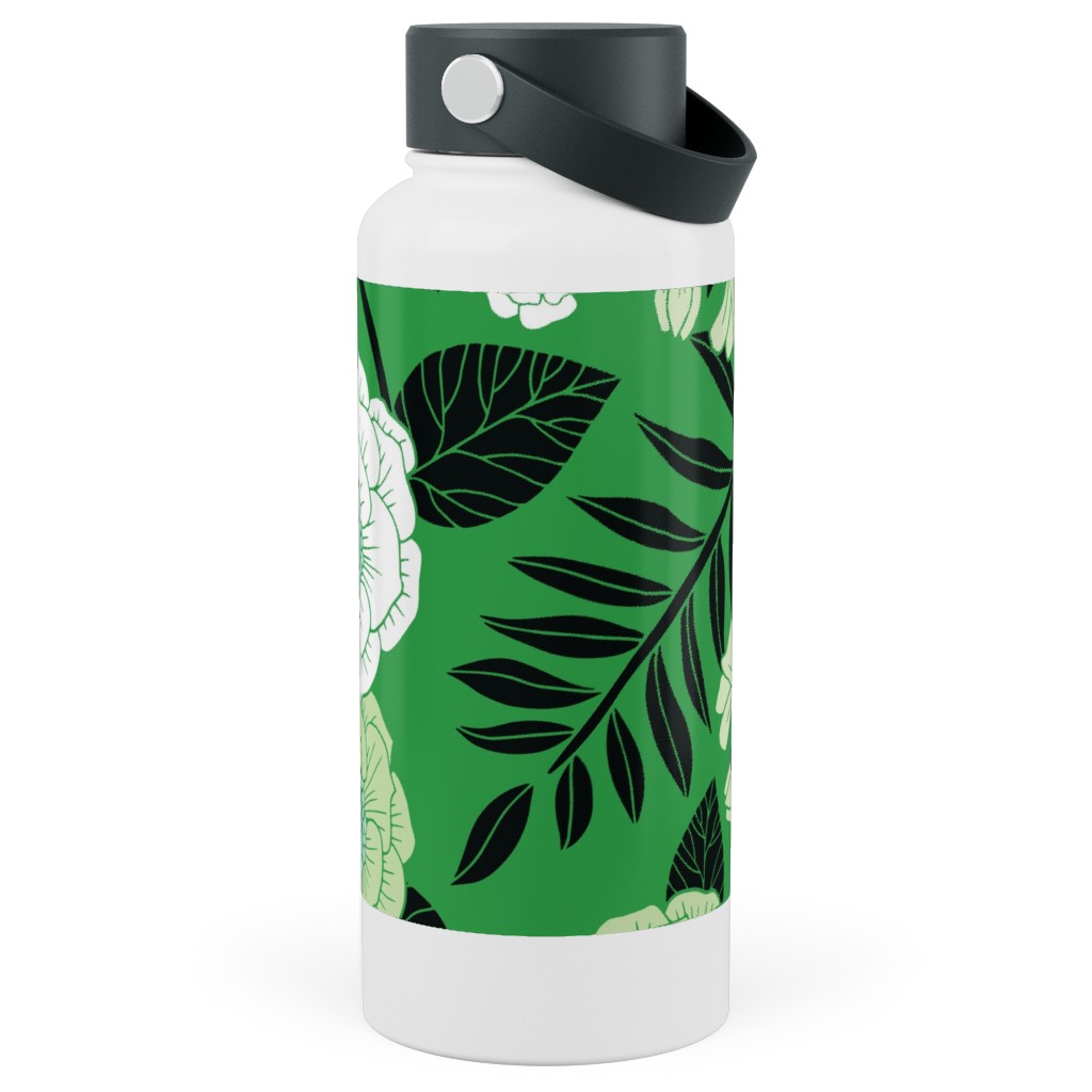 Green, Black & White Floral Pattern Stainless Steel Wide Mouth Water Bottle, 30oz, Wide Mouth, Green