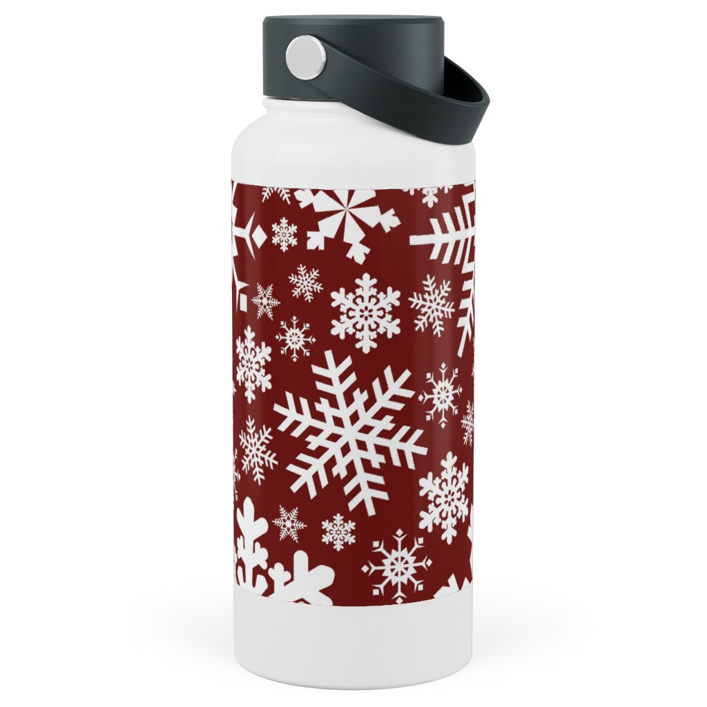 Christmas White Snowflakes on Red Background Stainless Steel Wide Mouth Water Bottle, 30oz, Wide Mouth, Red