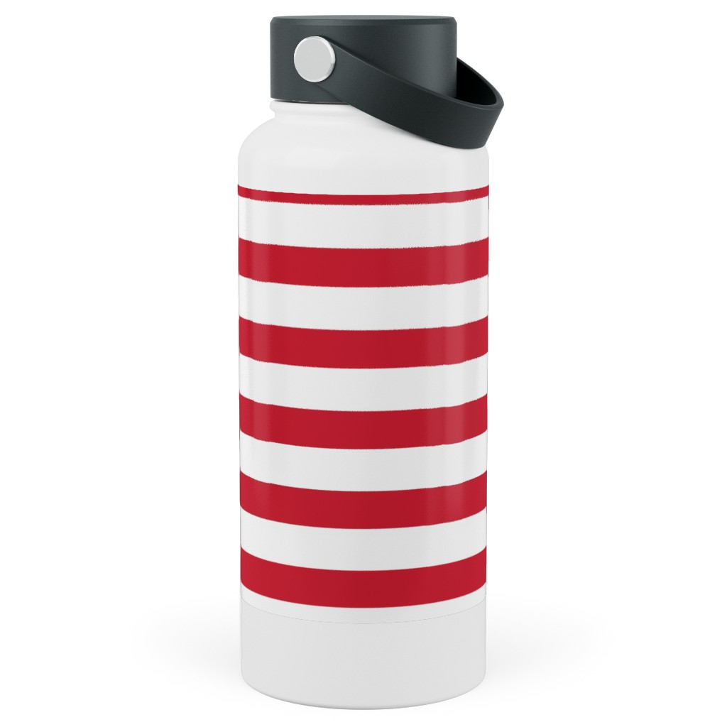 Stripes - Red and White Stainless Steel Wide Mouth Water Bottle, 30oz, Wide Mouth, Red, Red